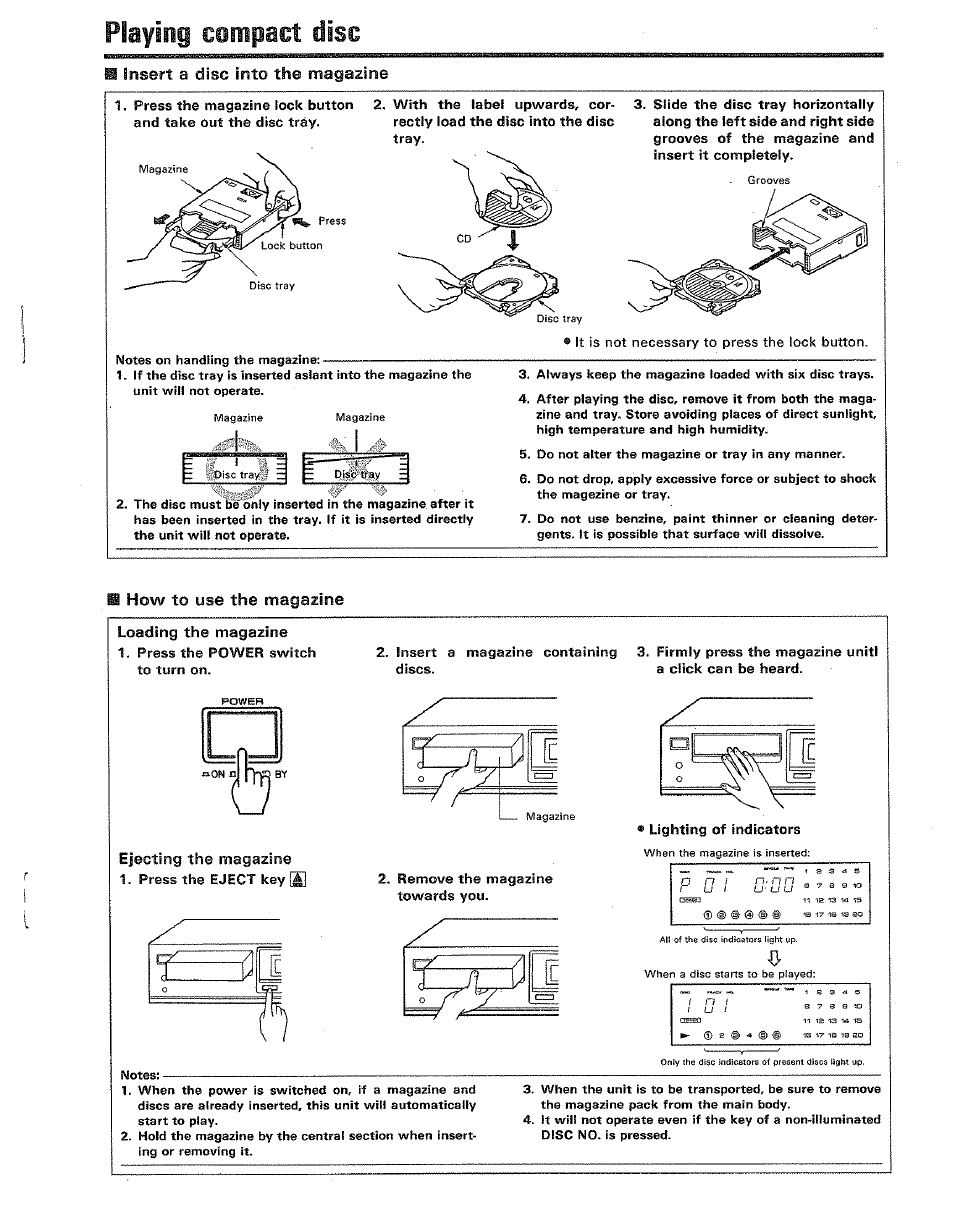 Playing compact disc, Insert a disc into the magazine, How to use the magazine loading the magazine | Ejecting the magazine | Kenwood DP-M5520 User Manual | Page 11 / 20