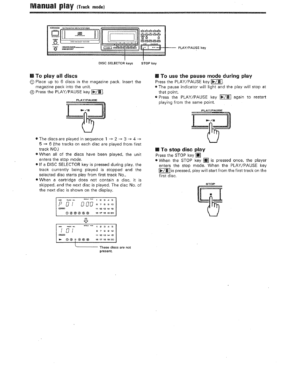 M to play all discs, H to use the pause mode during play, Isi to stop disc play | Mamal, J|^7ib i | Kenwood DP-M5520 User Manual | Page 12 / 20