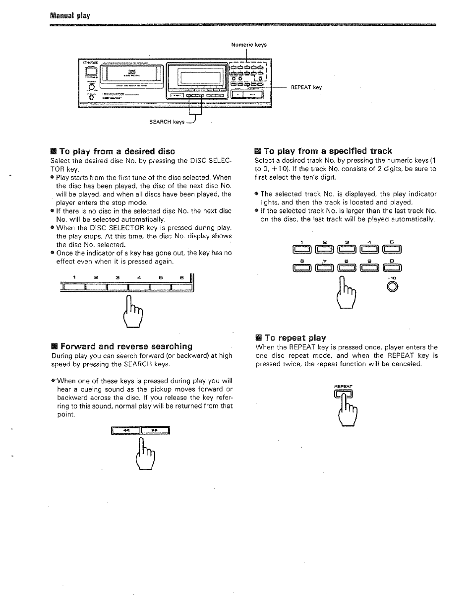 M to play from a desired disc, H forward and reverse searching, M to play from a specified track | Wto repeat play | Kenwood DP-M5520 User Manual | Page 13 / 20