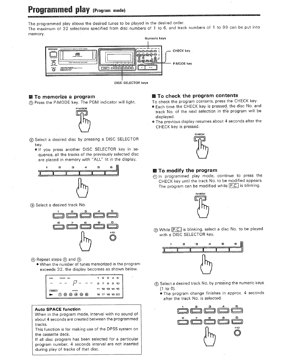 Programmed play (program mode), P to memorize a program, Fr=t^ (f=^ fr=h fr=tl | H to check the program contents, H to modify the program, Programmed play, Lezzi, K - i, Cral | Kenwood DP-M5520 User Manual | Page 14 / 20