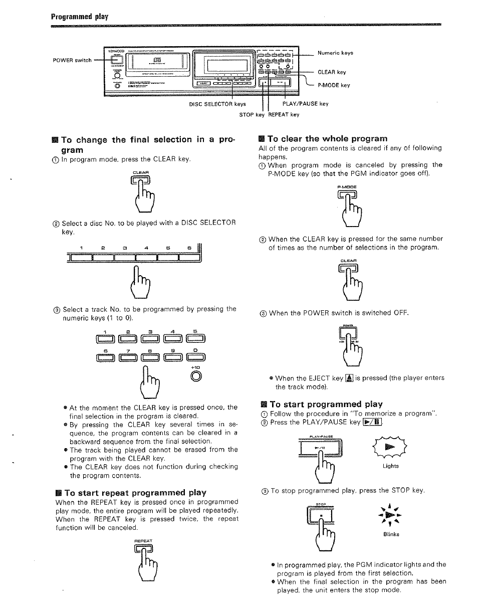 I^rogrammed piay, M to change the final selection in a program, Ii to start repeat programmed piay | H to clear the whole program, M to start programmed play, Dqidoib) | Kenwood DP-M5520 User Manual | Page 15 / 20