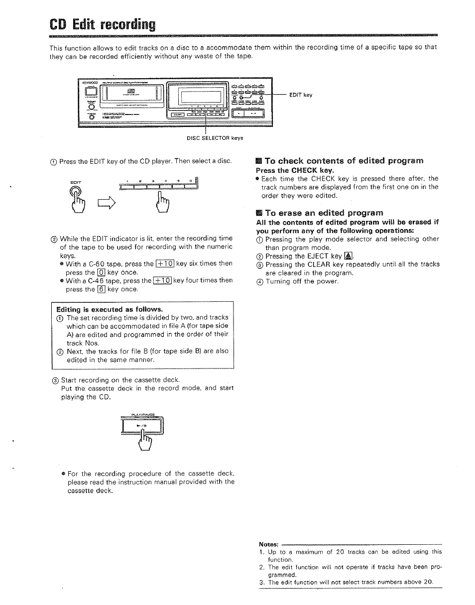 Cd edit recording, Editing is executed as follows, M to check conterits of edited program | M to erase an edited program | Kenwood DP-M5520 User Manual | Page 17 / 20