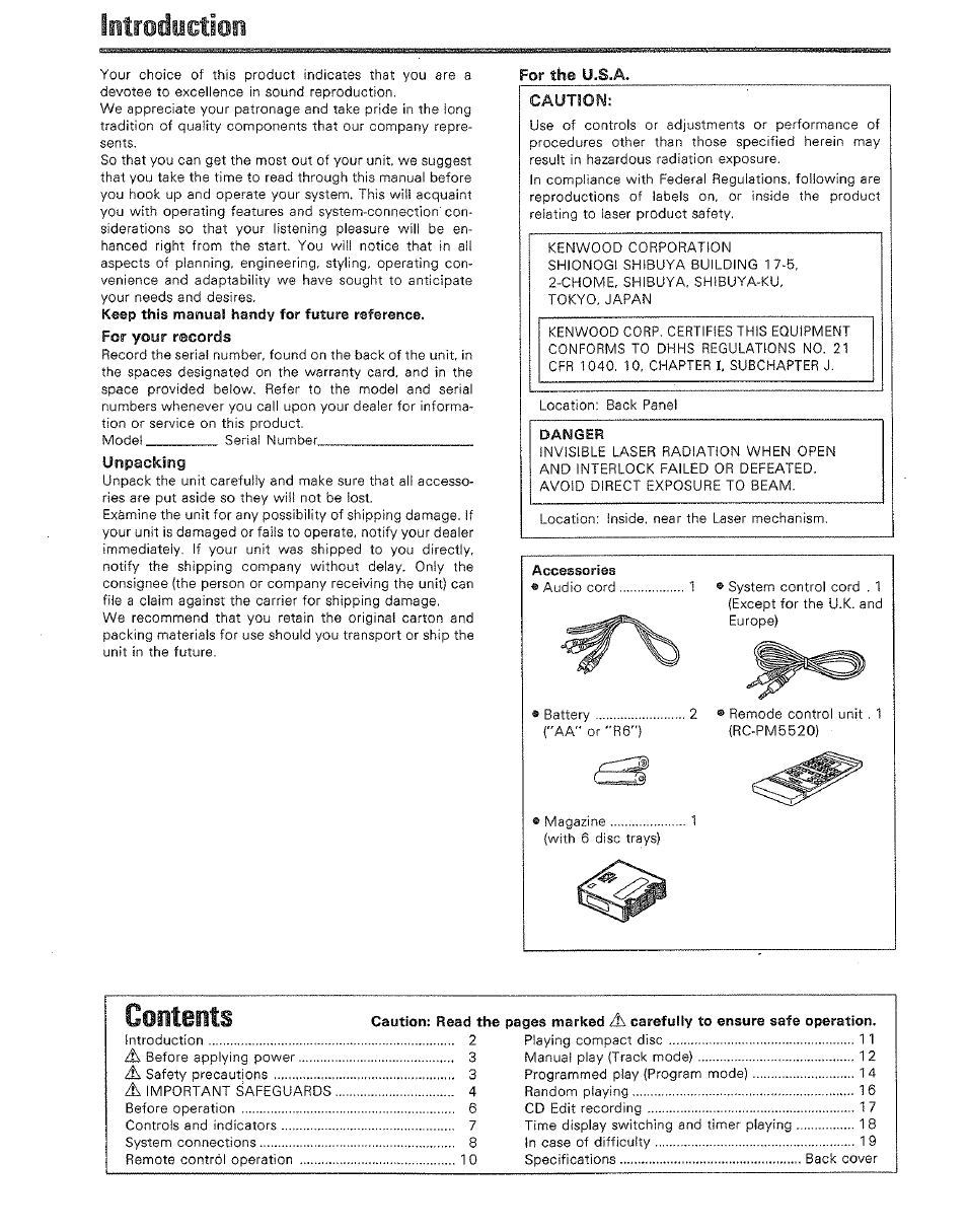 For your records, Unpacking, For the u.s.a | Irtroduction | Kenwood DP-M5520 User Manual | Page 2 / 20