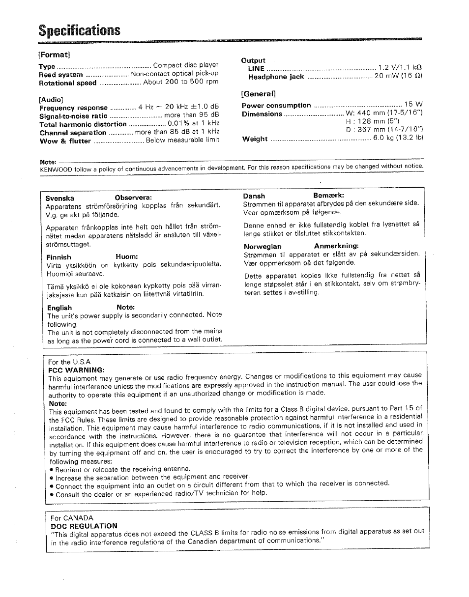 Specifications, Format, Audio | Output, General, Svenska observera, Finnish huom, English note, Dansh eemaerk | Kenwood DP-M5520 User Manual | Page 20 / 20