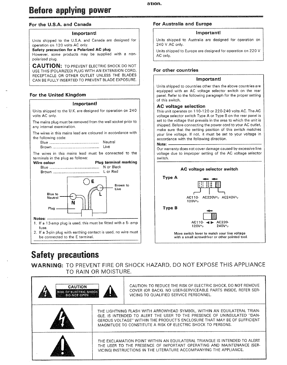 Before applying power, Ation, For the u.s.a. and canada | For australia and europe, Important, For the united kingdom, For other countries, Ac voltage selection, Ac voltage selector switch, Type a | Kenwood DP-M5520 User Manual | Page 3 / 20