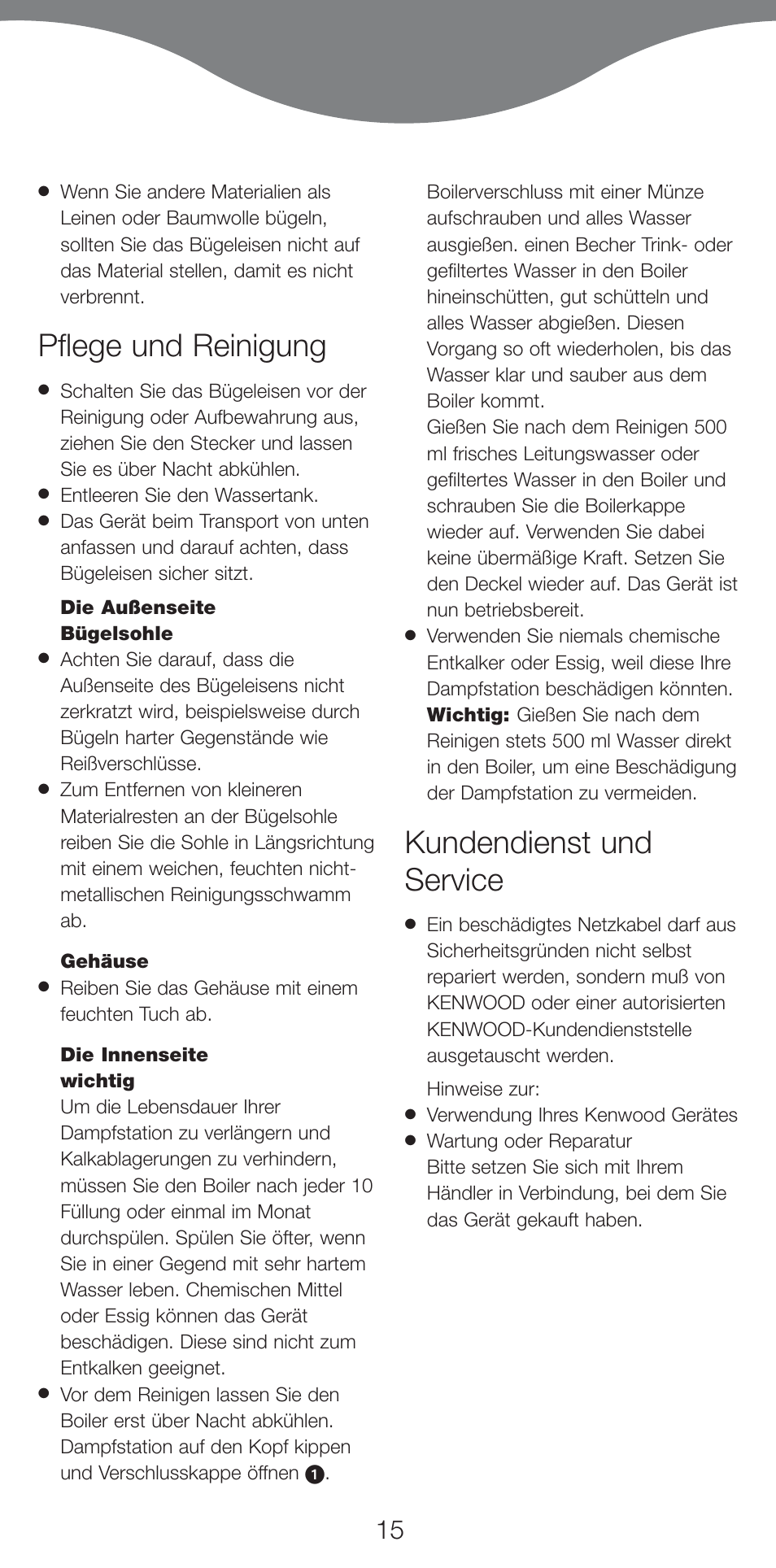 Pflege und reinigung, Kundendienst und service | Kenwood IC550 series User Manual | Page 18 / 28
