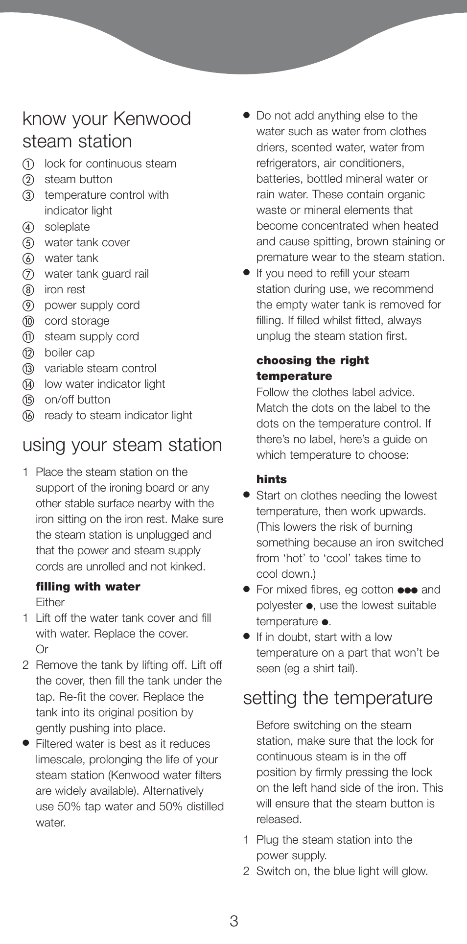 Know your kenwood steam station, Using your steam station, Setting the temperature | Kenwood IC550 series User Manual | Page 6 / 28