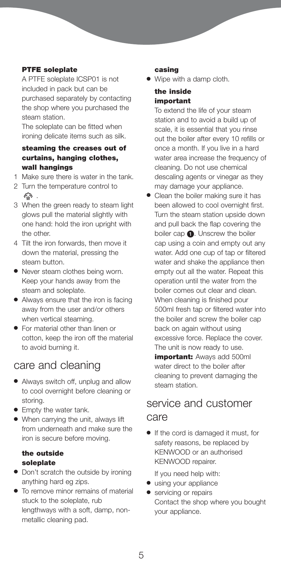 Care and cleaning, Service and customer care | Kenwood IC550 series User Manual | Page 8 / 28