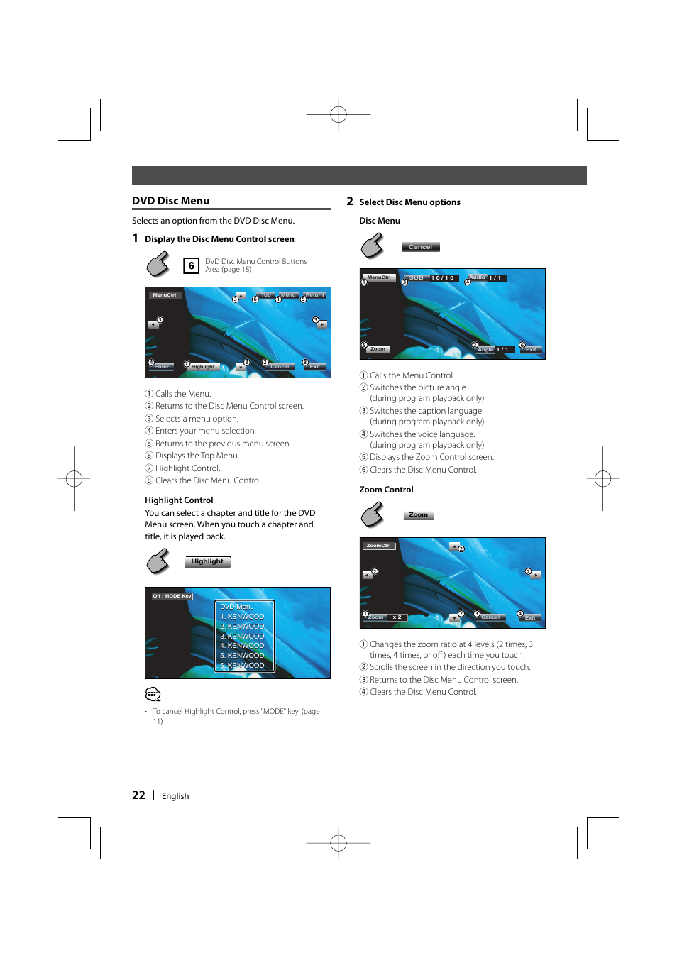 Dvd disc menu | Kenwood KVT-747DVD User Manual | Page 22 / 92