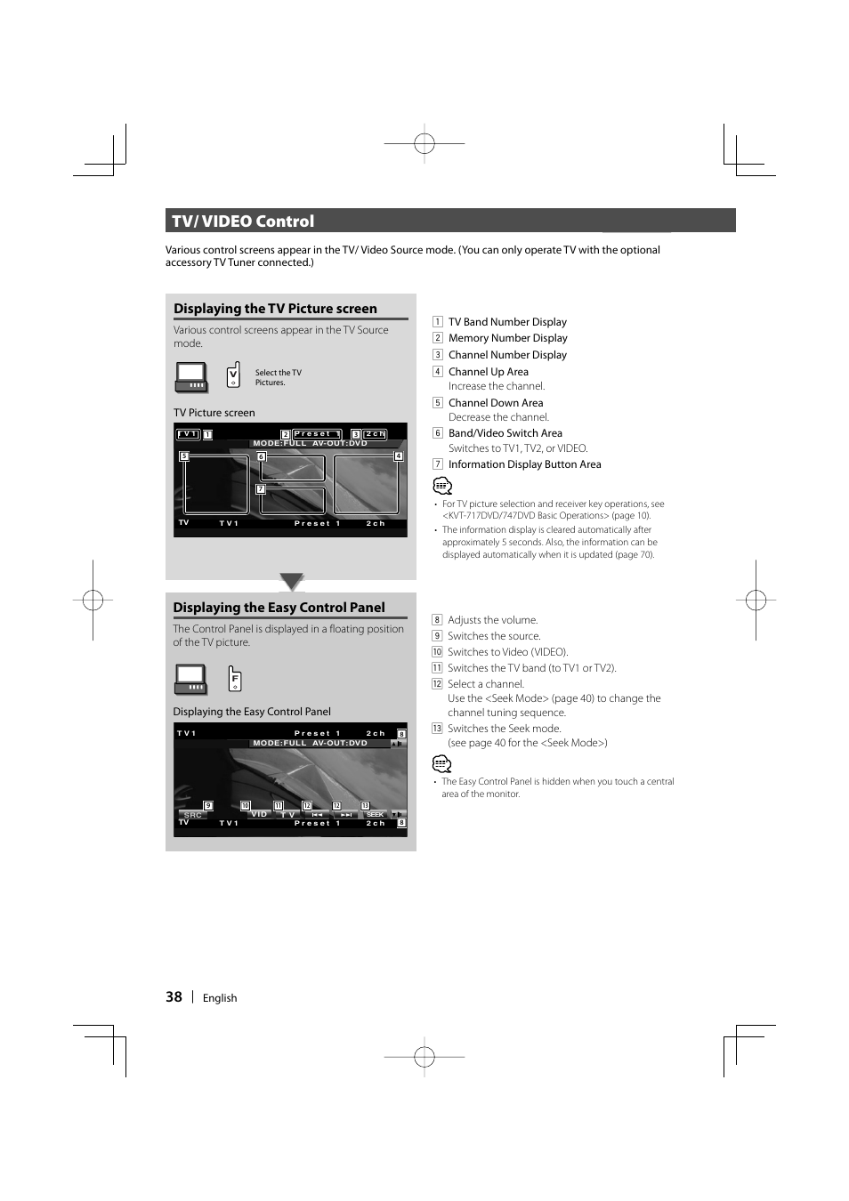 Tv/ video control, Displaying the tv picture screen, Displaying the easy control panel | Kenwood KVT-747DVD User Manual | Page 38 / 92