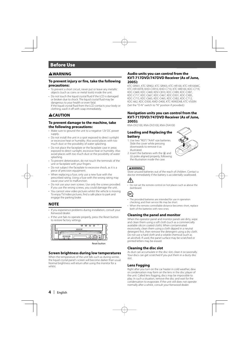 Before use, 2 warning, 2 caution | Kenwood KVT-747DVD User Manual | Page 4 / 92