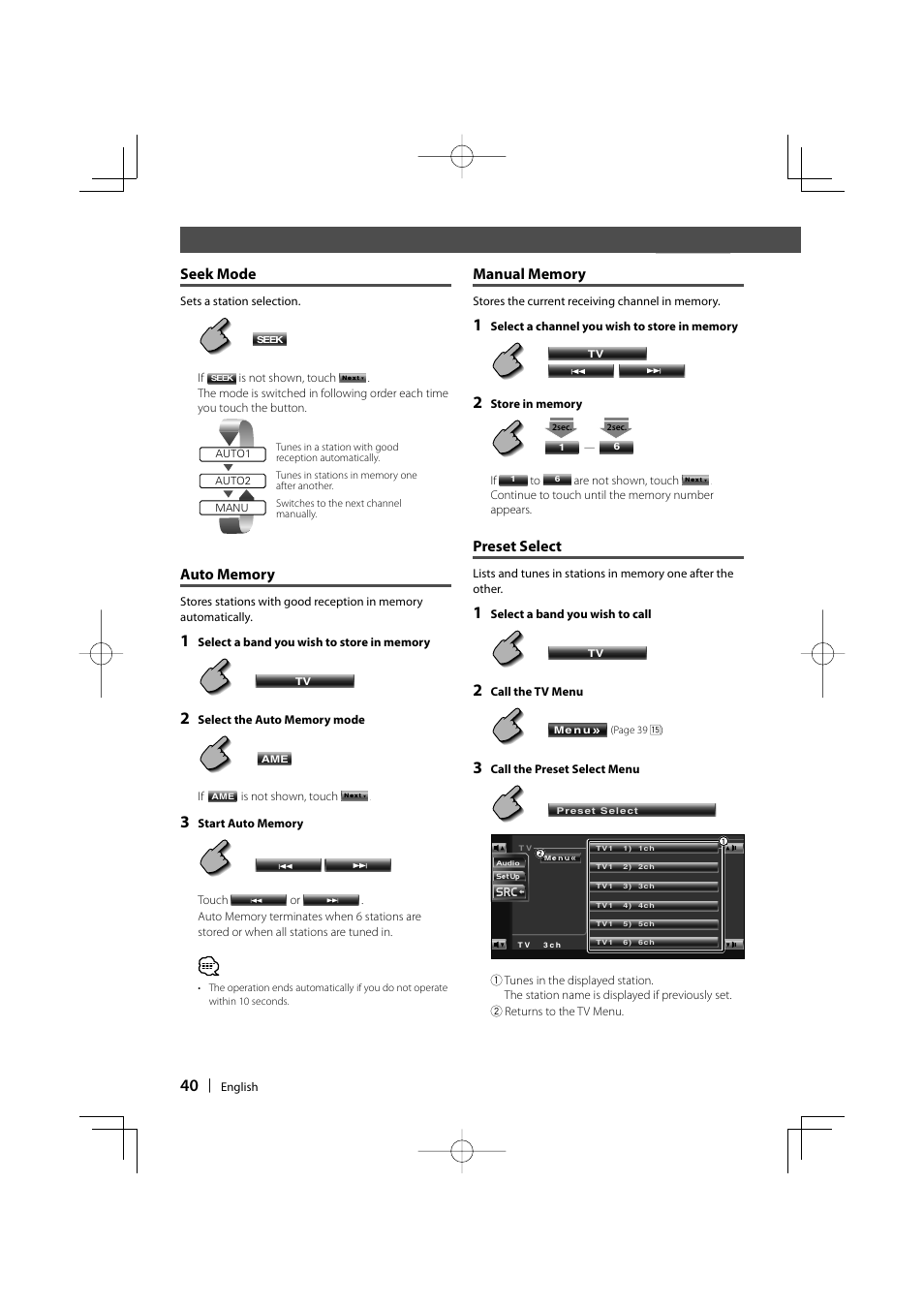 Seek mode, Preset select | Kenwood KVT-747DVD User Manual | Page 40 / 92