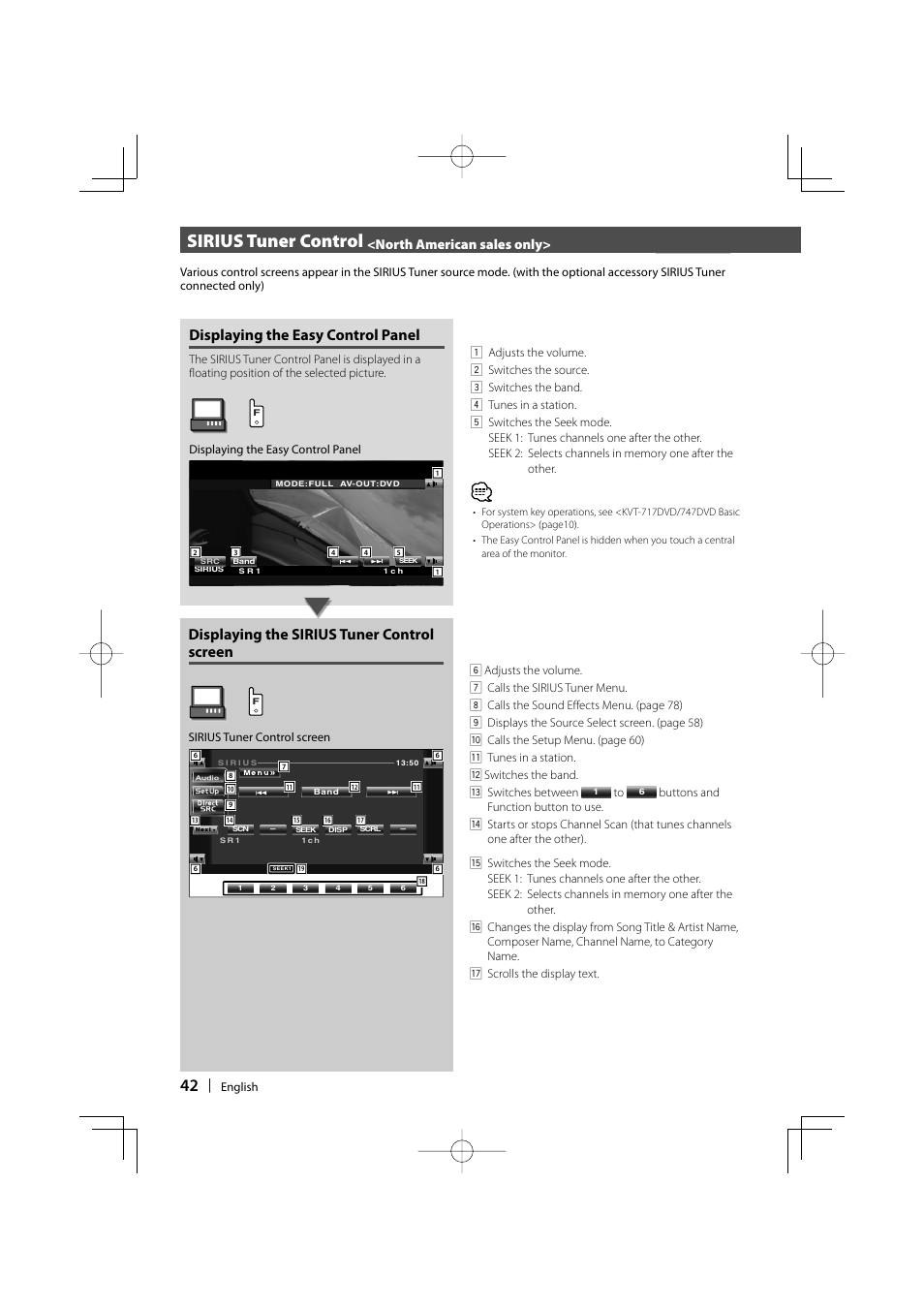 Sirius tuner control, Displaying the easy control panel, Displaying the sirius tuner control screen | North american sales only | Kenwood KVT-747DVD User Manual | Page 42 / 92