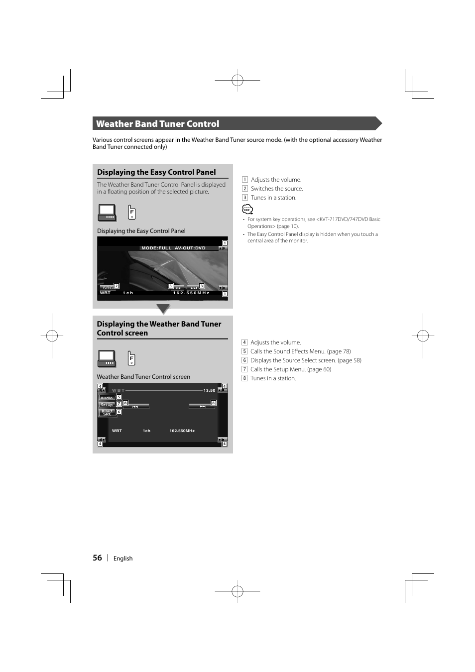 Weather band tuner control, Displaying the easy control panel, Displaying the weather band tuner control screen | Kenwood KVT-747DVD User Manual | Page 56 / 92