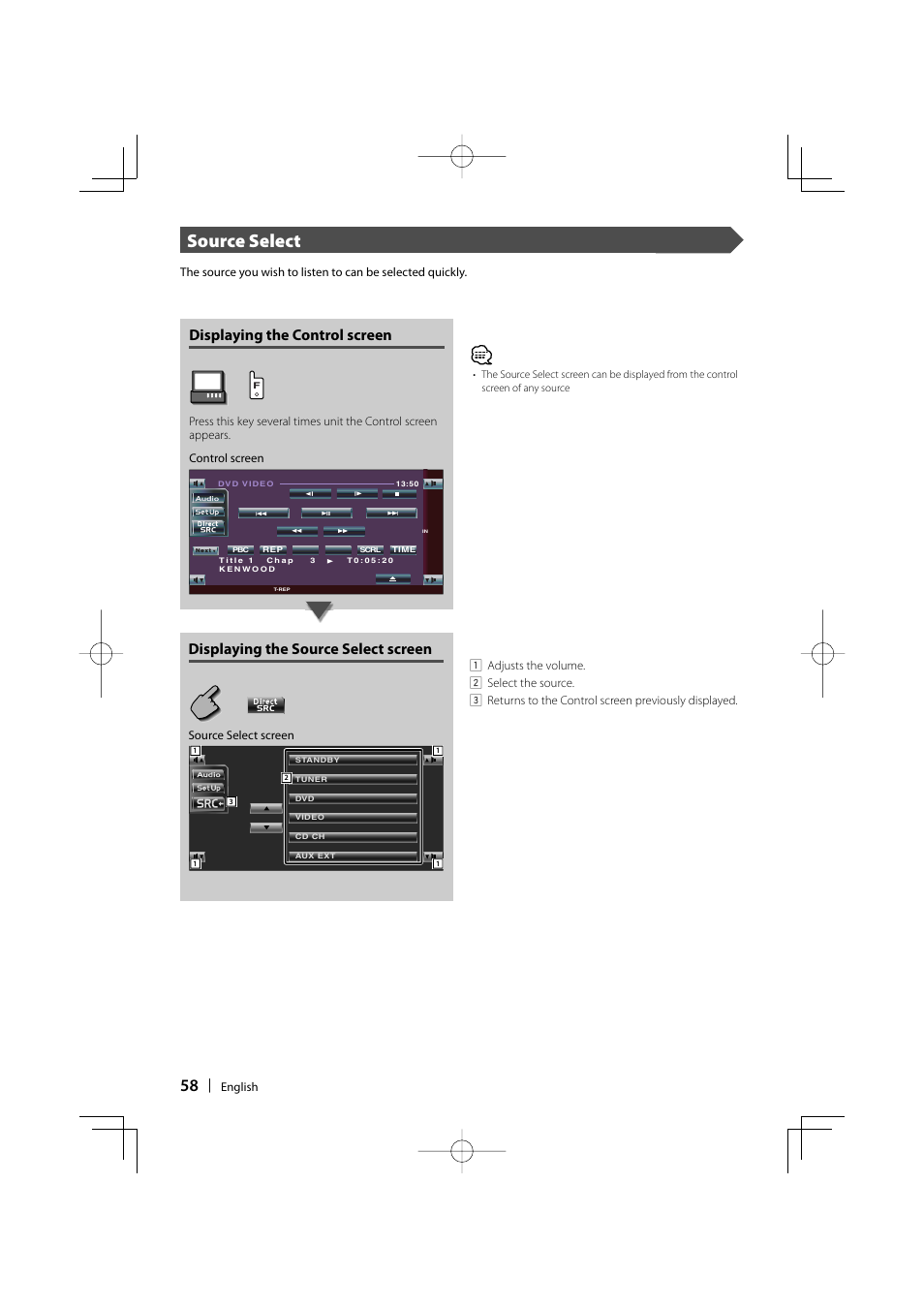 Source select, Displaying the control screen, Displaying the source select screen | Kenwood KVT-747DVD User Manual | Page 58 / 92