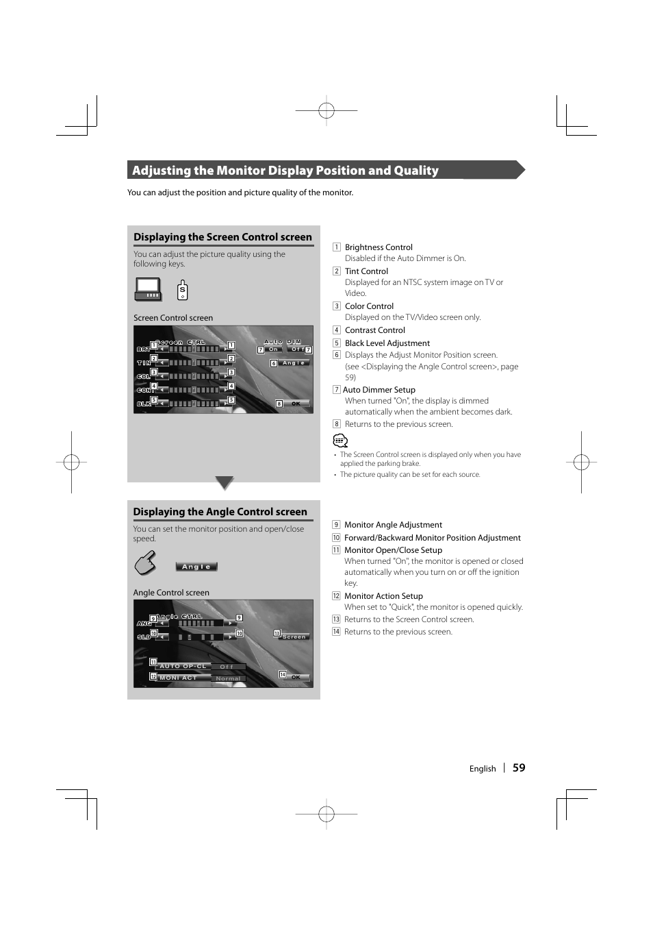 Adjusting the monitor display position and quality, Displaying the screen control screen, Displaying the angle control screen | Kenwood KVT-747DVD User Manual | Page 59 / 92