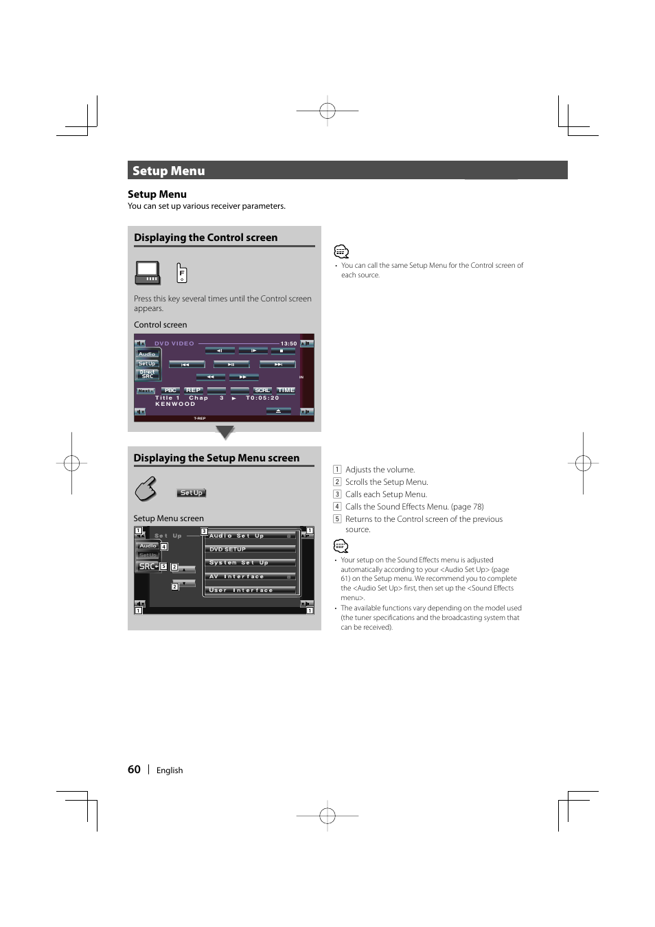 Setup menu, Displaying the control screen, Displaying the setup menu screen | Kenwood KVT-747DVD User Manual | Page 60 / 92