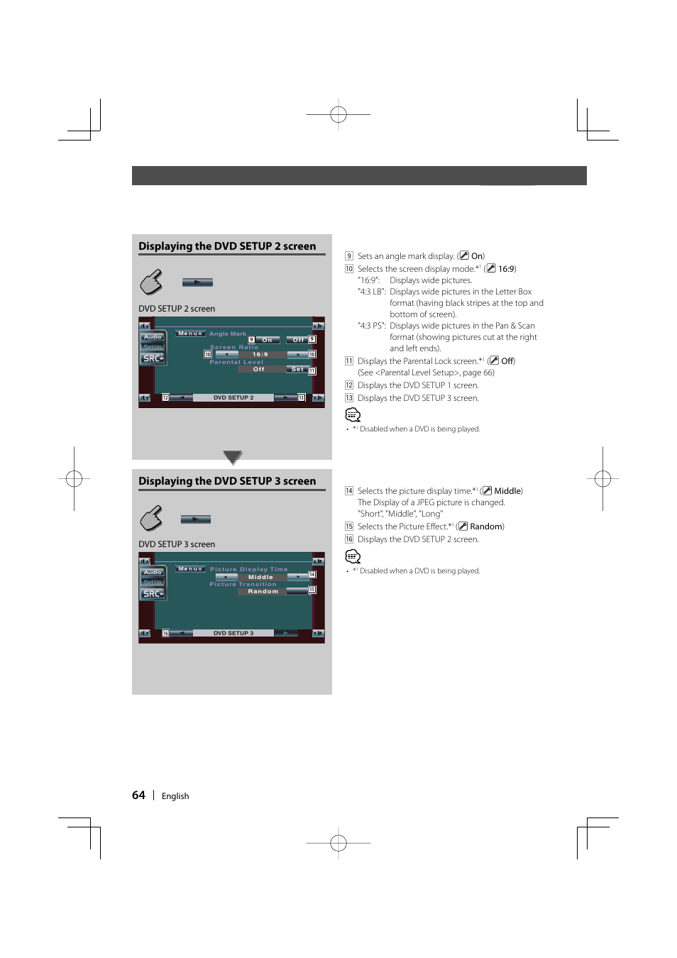 Displaying the dvd setup 2 screen, Displaying the dvd setup 3 screen | Kenwood KVT-747DVD User Manual | Page 64 / 92