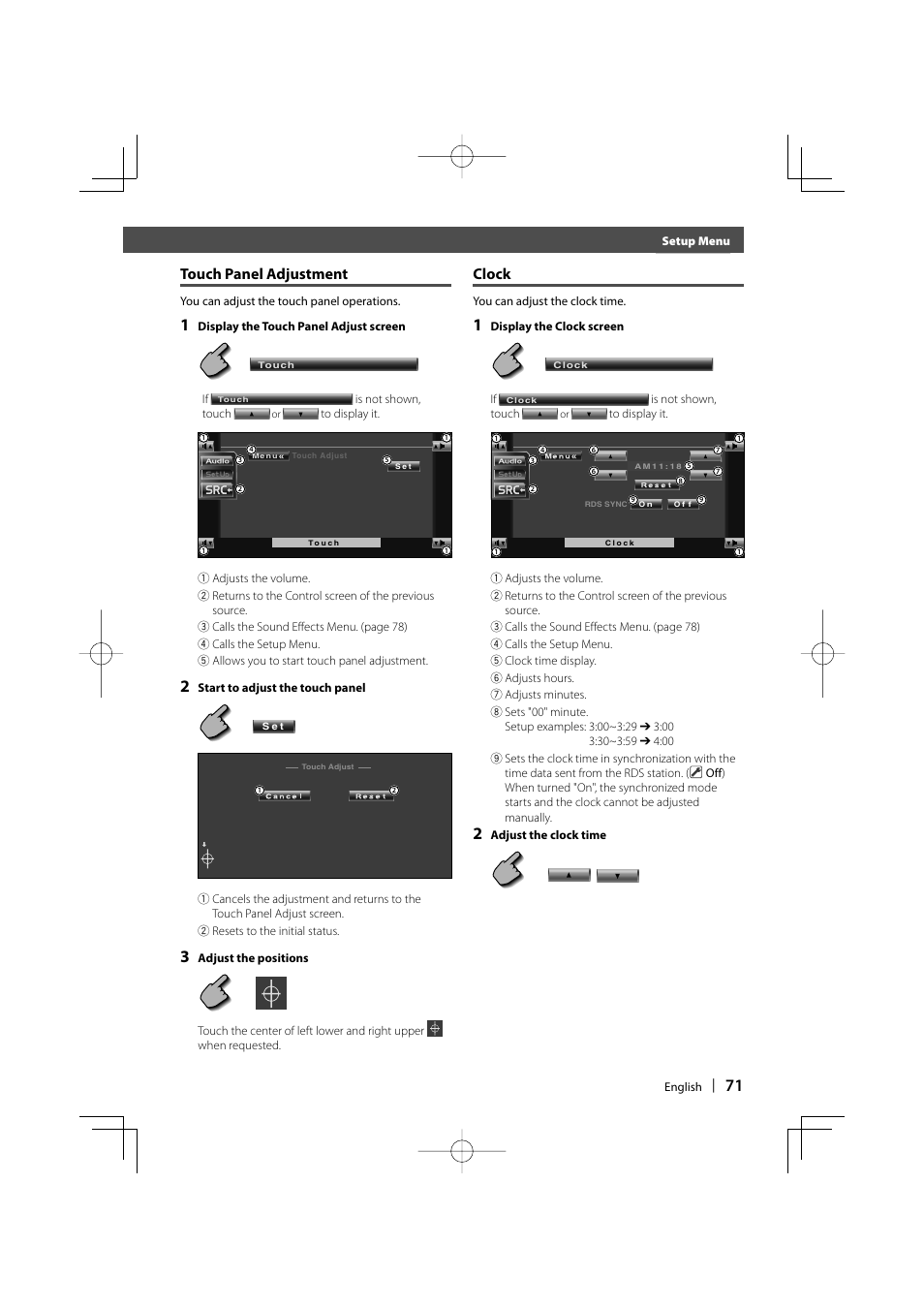 Before use, Touch panel adjustment, Clock | Kenwood KVT-747DVD User Manual | Page 71 / 92