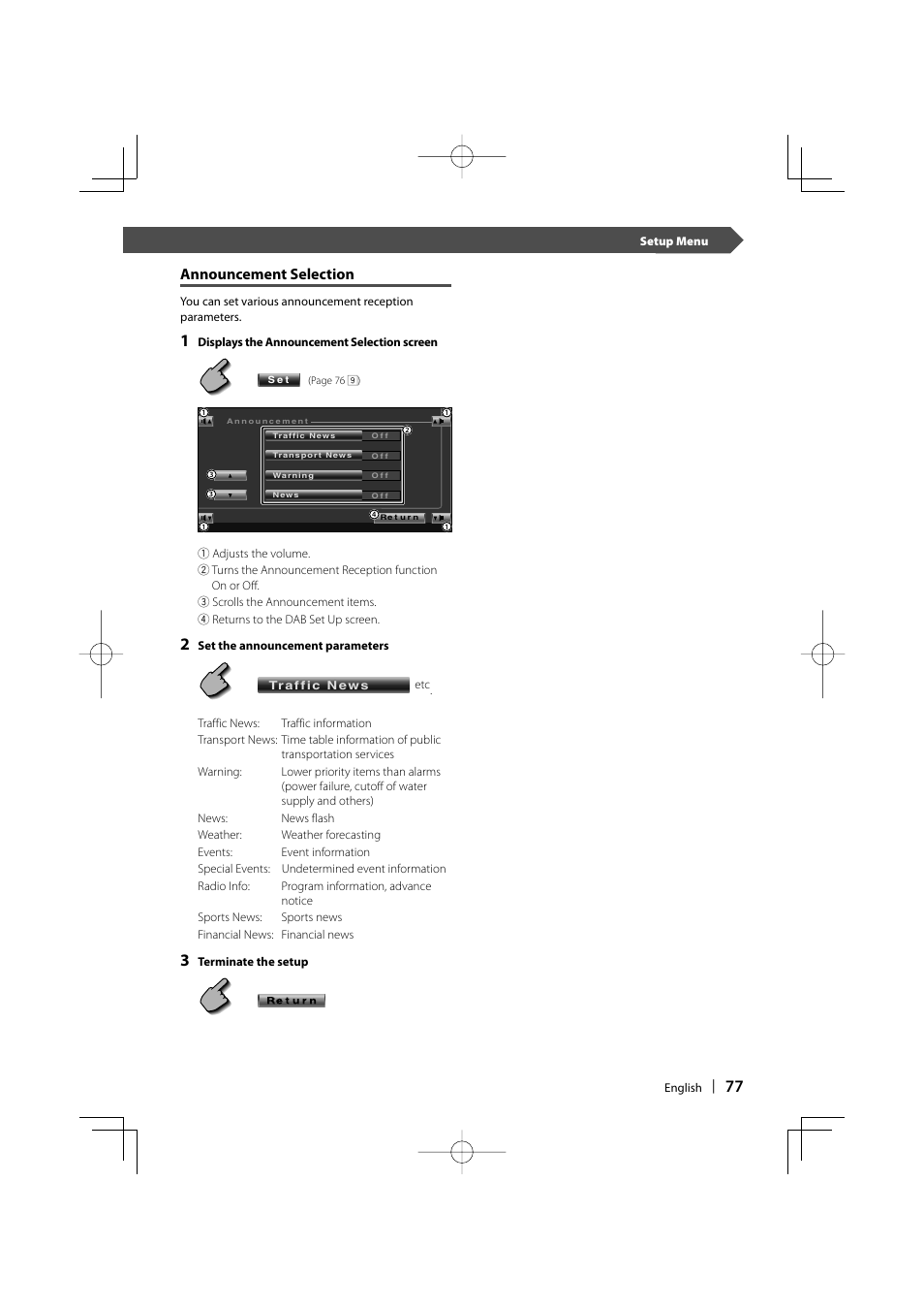 Announcement selection | Kenwood KVT-747DVD User Manual | Page 77 / 92