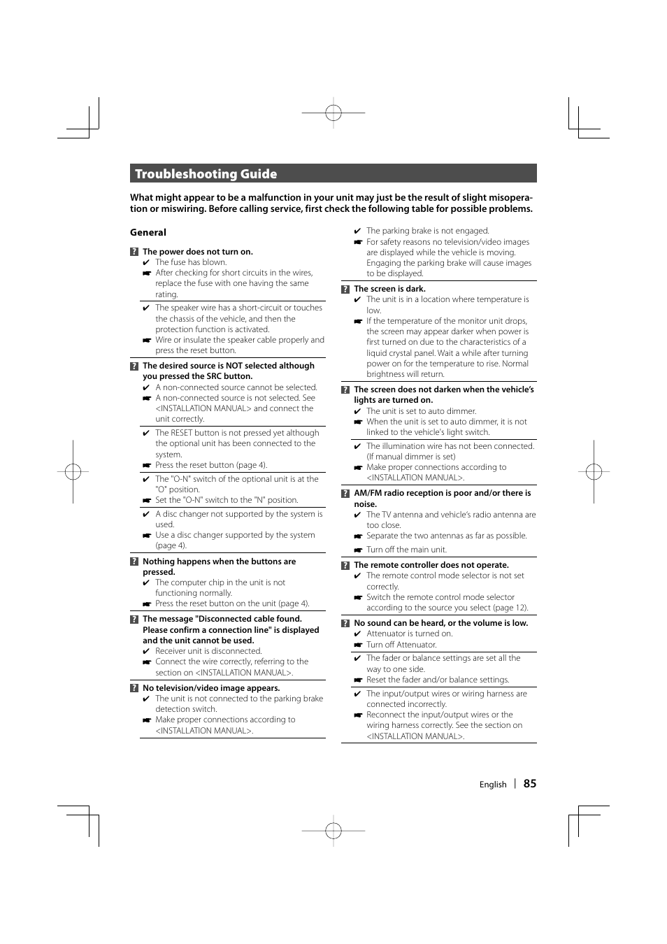 Troubleshooting guide | Kenwood KVT-747DVD User Manual | Page 85 / 92