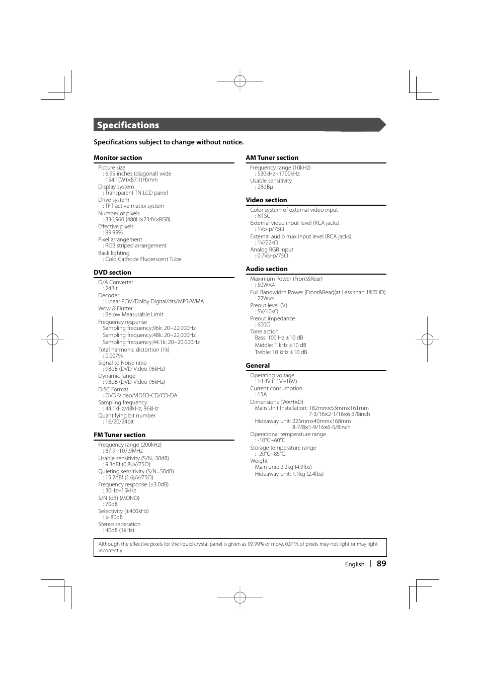 Specifications | Kenwood KVT-747DVD User Manual | Page 89 / 92