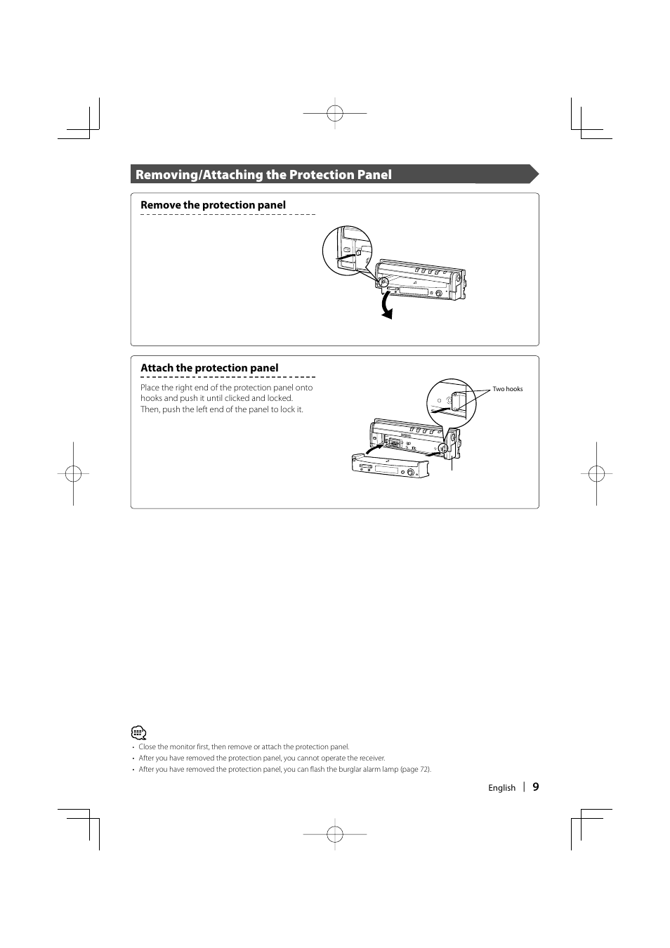 Removing/attaching the protection panel | Kenwood KVT-747DVD User Manual | Page 9 / 92