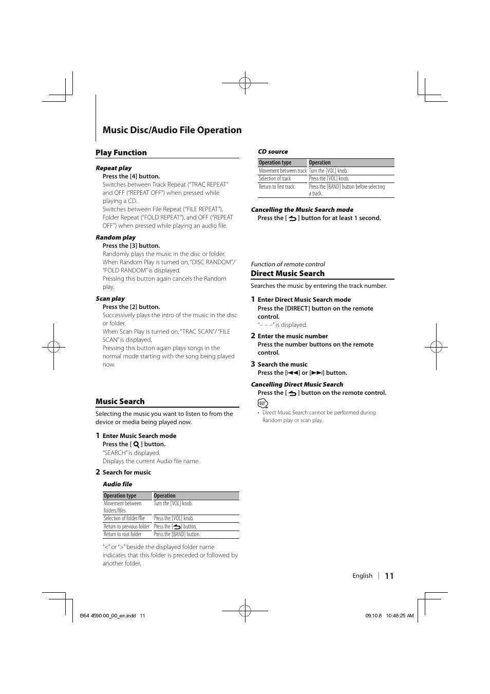 Music disc/audio file operation | Kenwood KDC-MP245 User Manual | Page 11 / 56