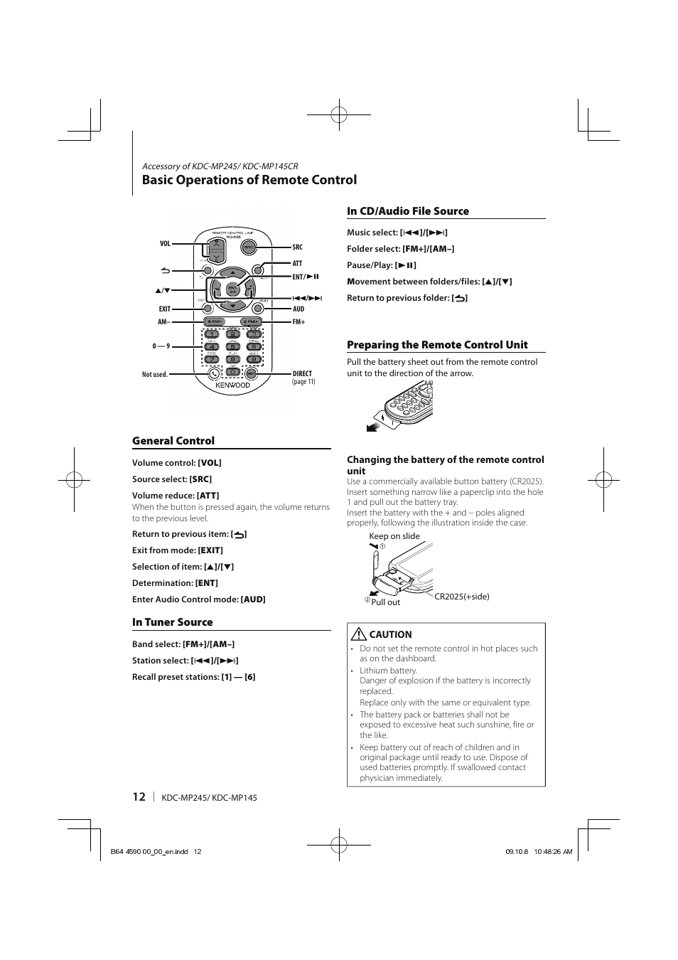 Basic operations of remote control, General control, Preparing the remote control unit | Kenwood KDC-MP245 User Manual | Page 12 / 56