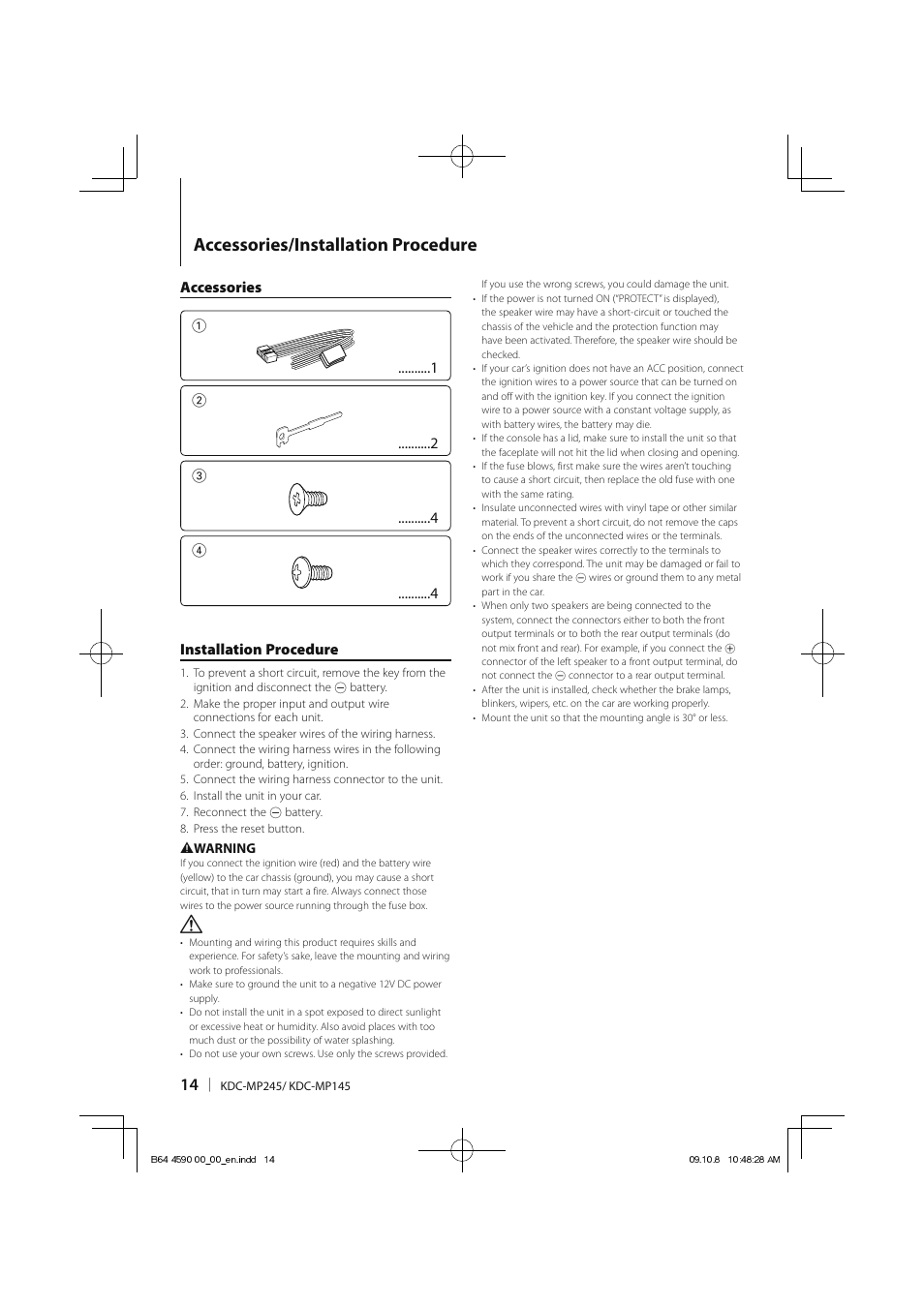 Accessories/installation procedure, Accessories 1, Installation procedure | Kenwood KDC-MP245 User Manual | Page 14 / 56