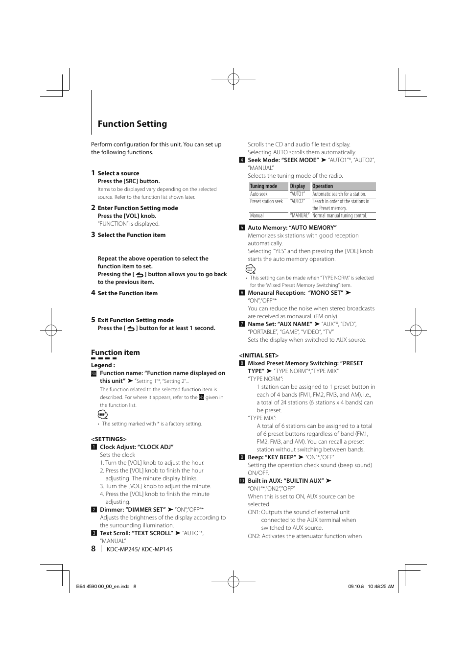 Function setting, Function item | Kenwood KDC-MP245 User Manual | Page 8 / 56