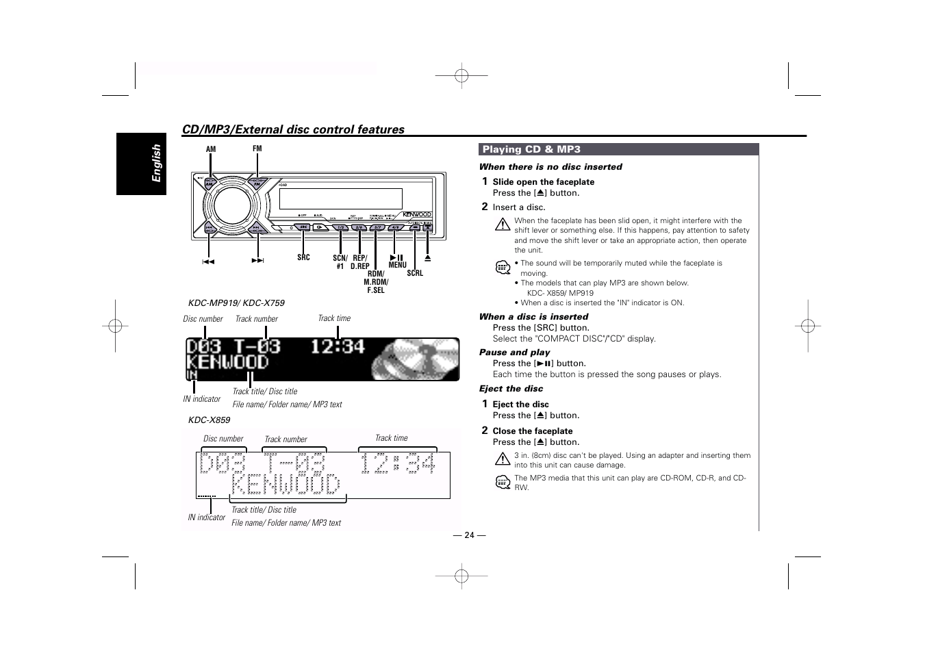 Cd/mp3/external disc control features | Kenwood eXcelon KDC-X759 User Manual | Page 24 / 47