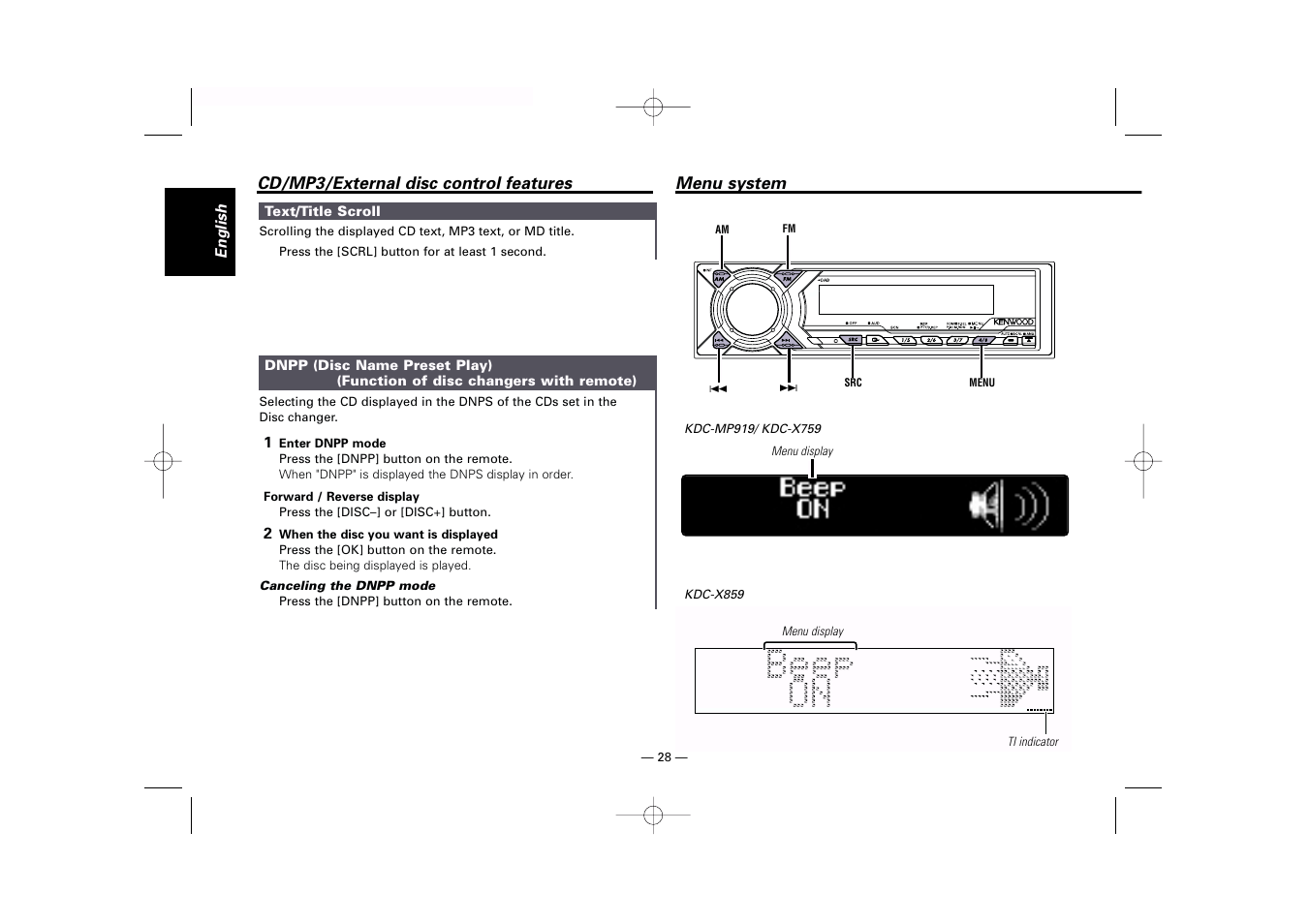 Menu system, Cd/mp3/external disc control features | Kenwood eXcelon KDC-X759 User Manual | Page 28 / 47