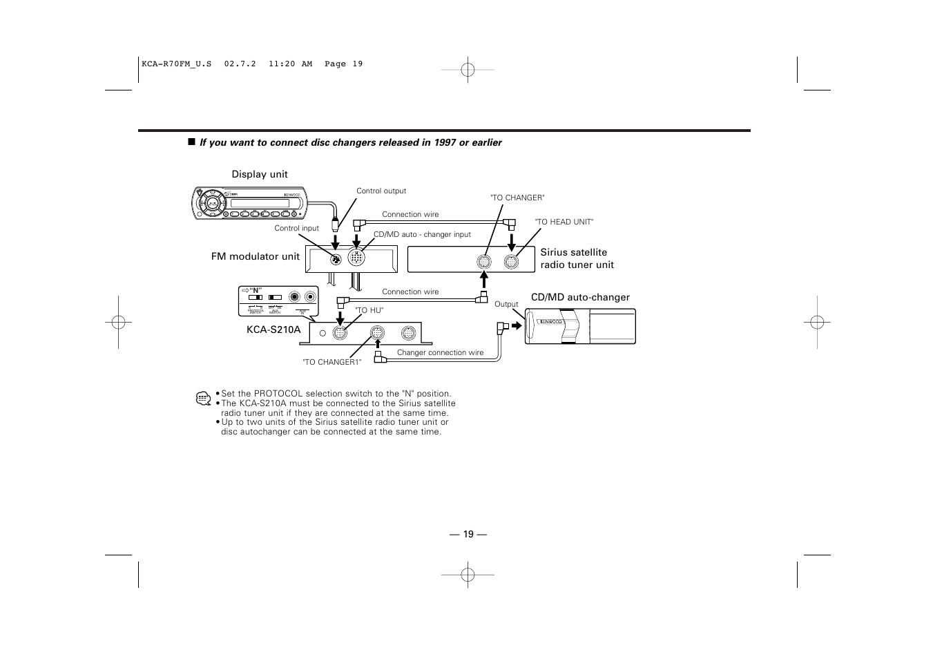 Cd/md auto-changer, Fm modulator unit, Display unit | Kca-s210a sirius satellite radio tuner unit | Kenwood FM MODULATOR SYSTEM KCA-R70FM User Manual | Page 19 / 27