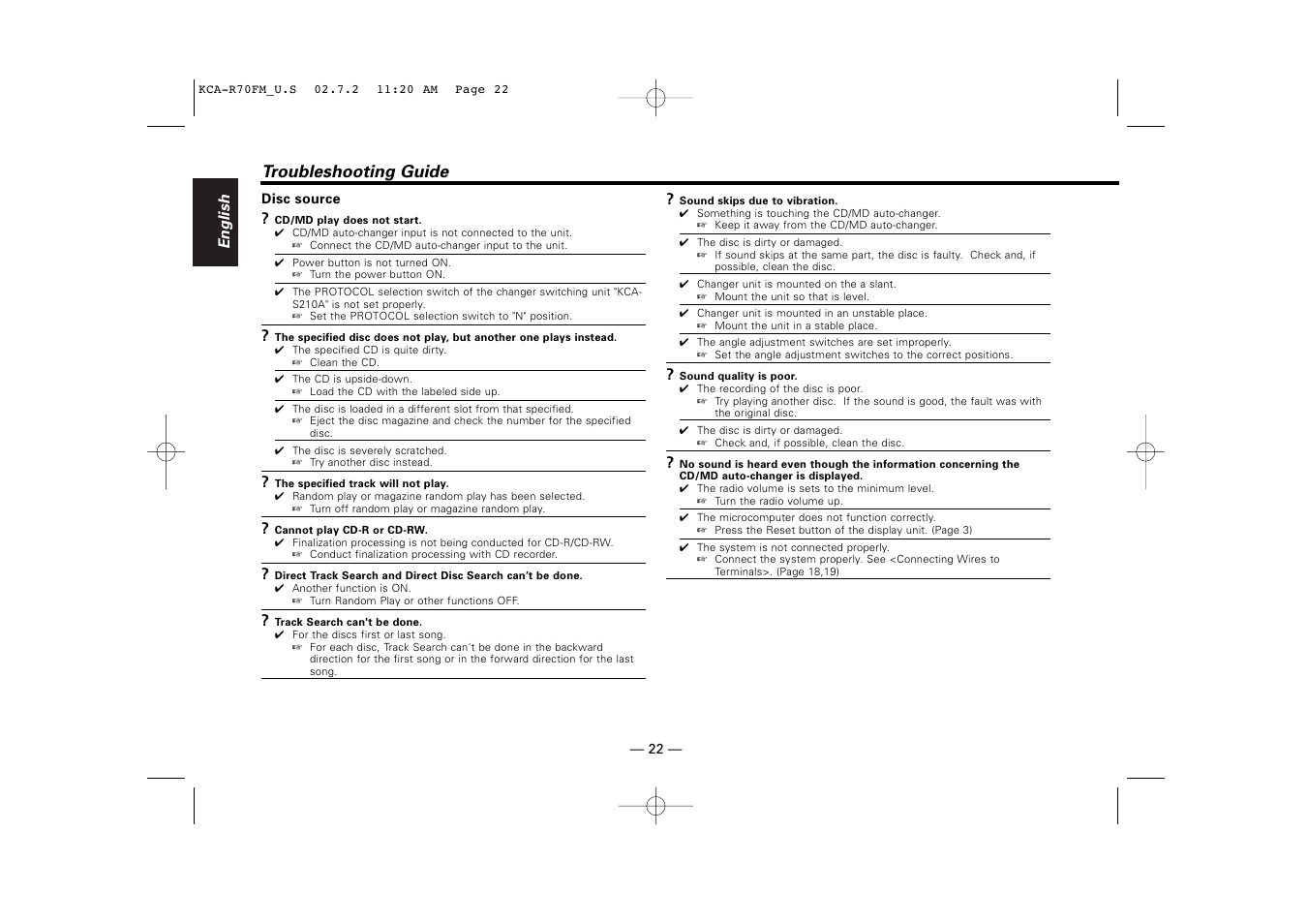 Troubleshooting guide | Kenwood FM MODULATOR SYSTEM KCA-R70FM User Manual | Page 22 / 27