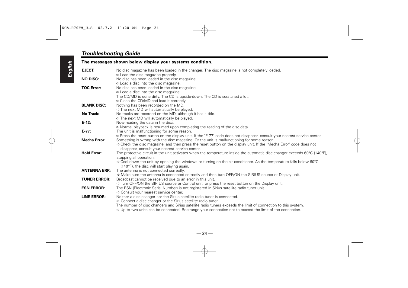 Troubleshooting guide | Kenwood FM MODULATOR SYSTEM KCA-R70FM User Manual | Page 24 / 27