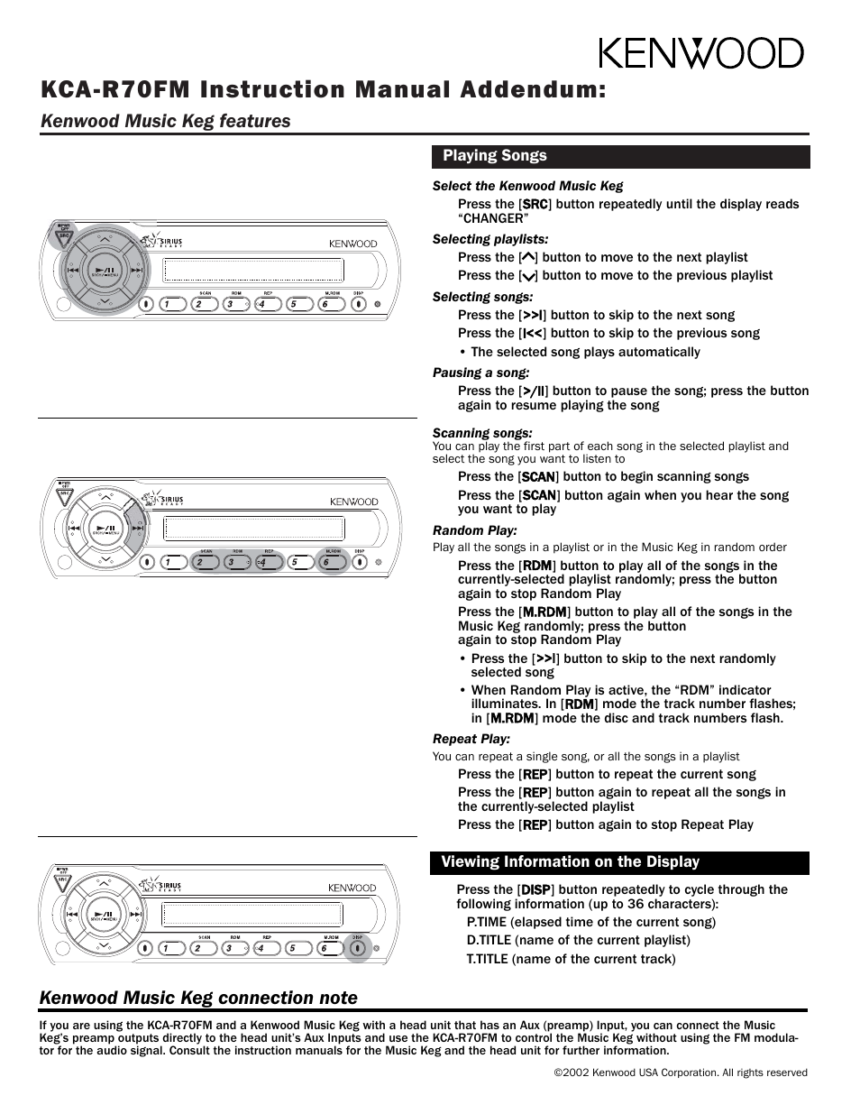 Kca-r70fm instruction manual addendum, Kenwood music keg features | Kenwood FM MODULATOR SYSTEM KCA-R70FM User Manual | Page 26 / 27