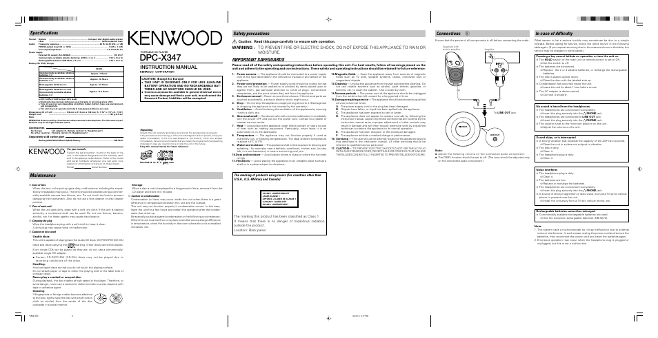 Dpc-x347, Instruction manual, Maintenance | Specifications, Safety precautions, Connections, Important safeguards | Kenwood DPC-X347 User Manual | Page 2 / 6