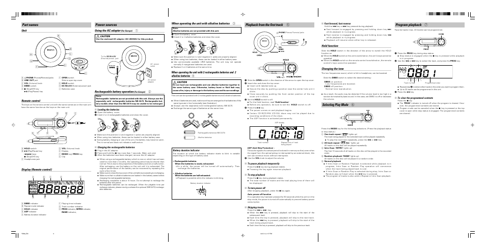 Part names, Power sources, Playback from the first track | Selecting play mode, Program playback, Unit remote control display (remote control), Using the ac adaptor, Rechargeable battery operation, When operating the unit with alkaline batteries 3, Hold function | Kenwood DPC-X347 User Manual | Page 3 / 6