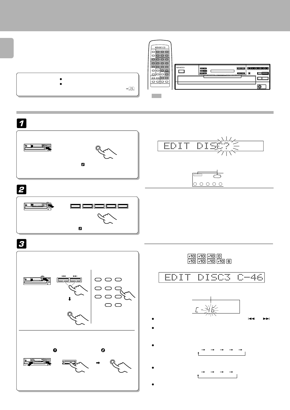 Editing, Normal edit, Preparation | C _ 4 6, Light the “edit” indicator, Select the disc, Enter the recording time of the tape | Kenwood CD-206 User Manual | Page 20 / 28