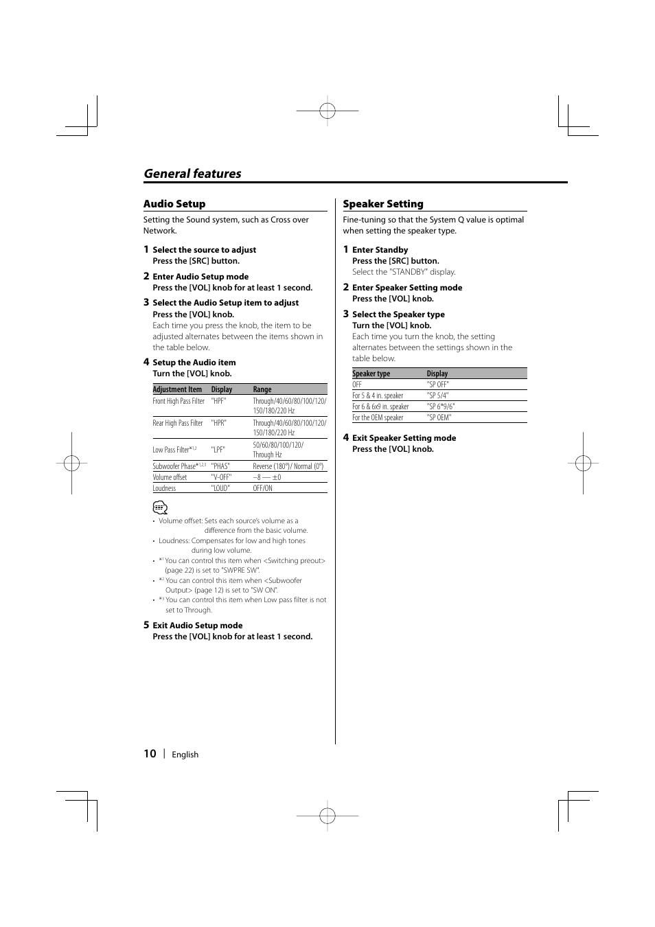 General features, Audio setup, Speaker setting | Kenwood DPX301 User Manual | Page 10 / 36