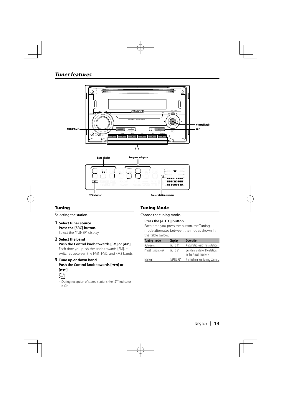 Tuner features, Tuning, Tuning mode | Kenwood DPX301 User Manual | Page 13 / 36