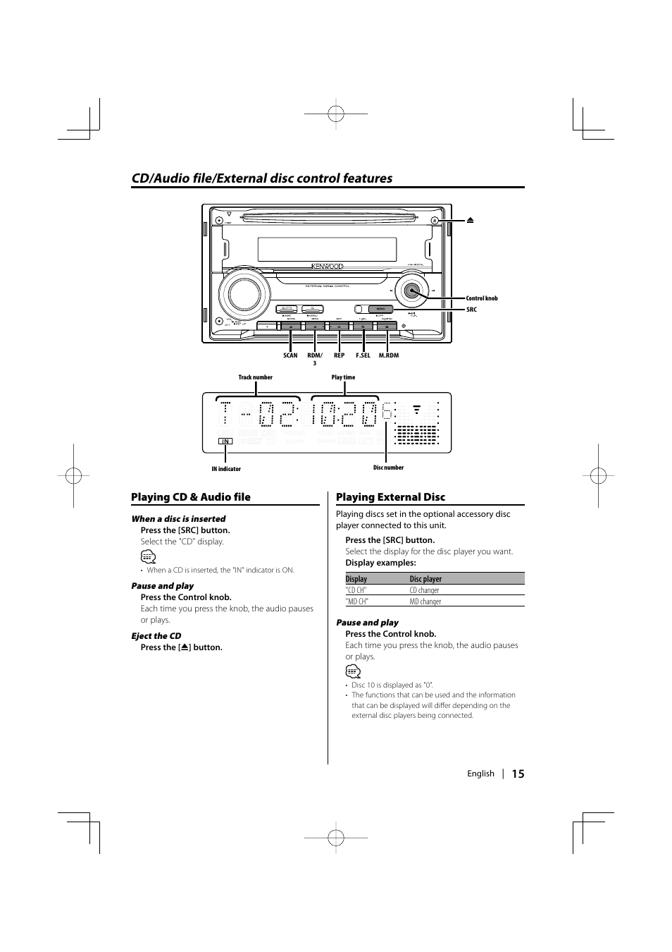 Cd/audio file/external disc control features, Playing cd & audio file, Playing external disc | Kenwood DPX301 User Manual | Page 15 / 36