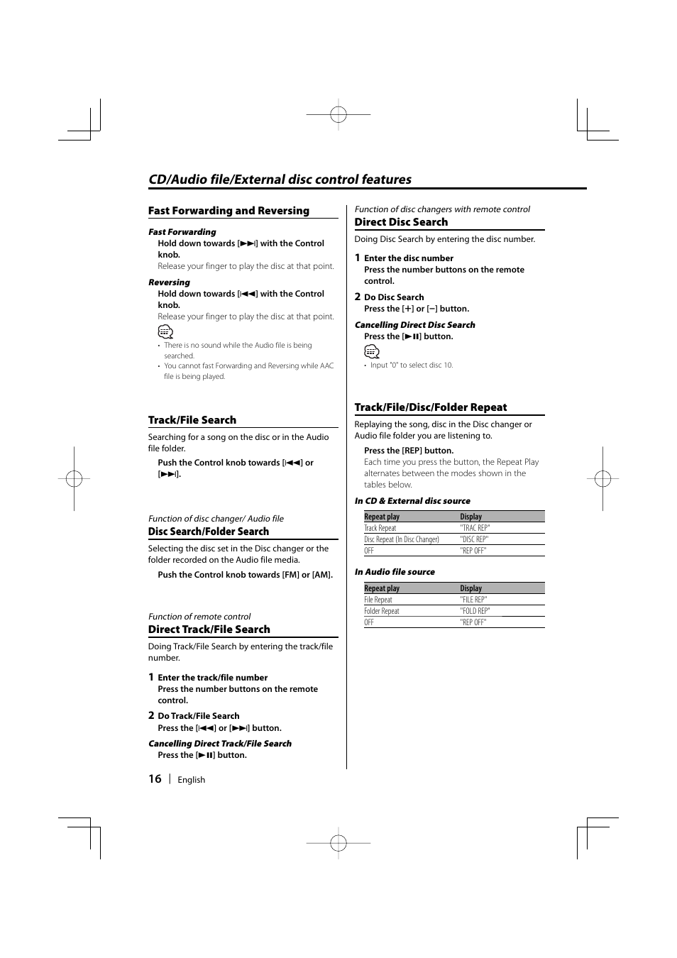 Cd/audio file/external disc control features | Kenwood DPX301 User Manual | Page 16 / 36