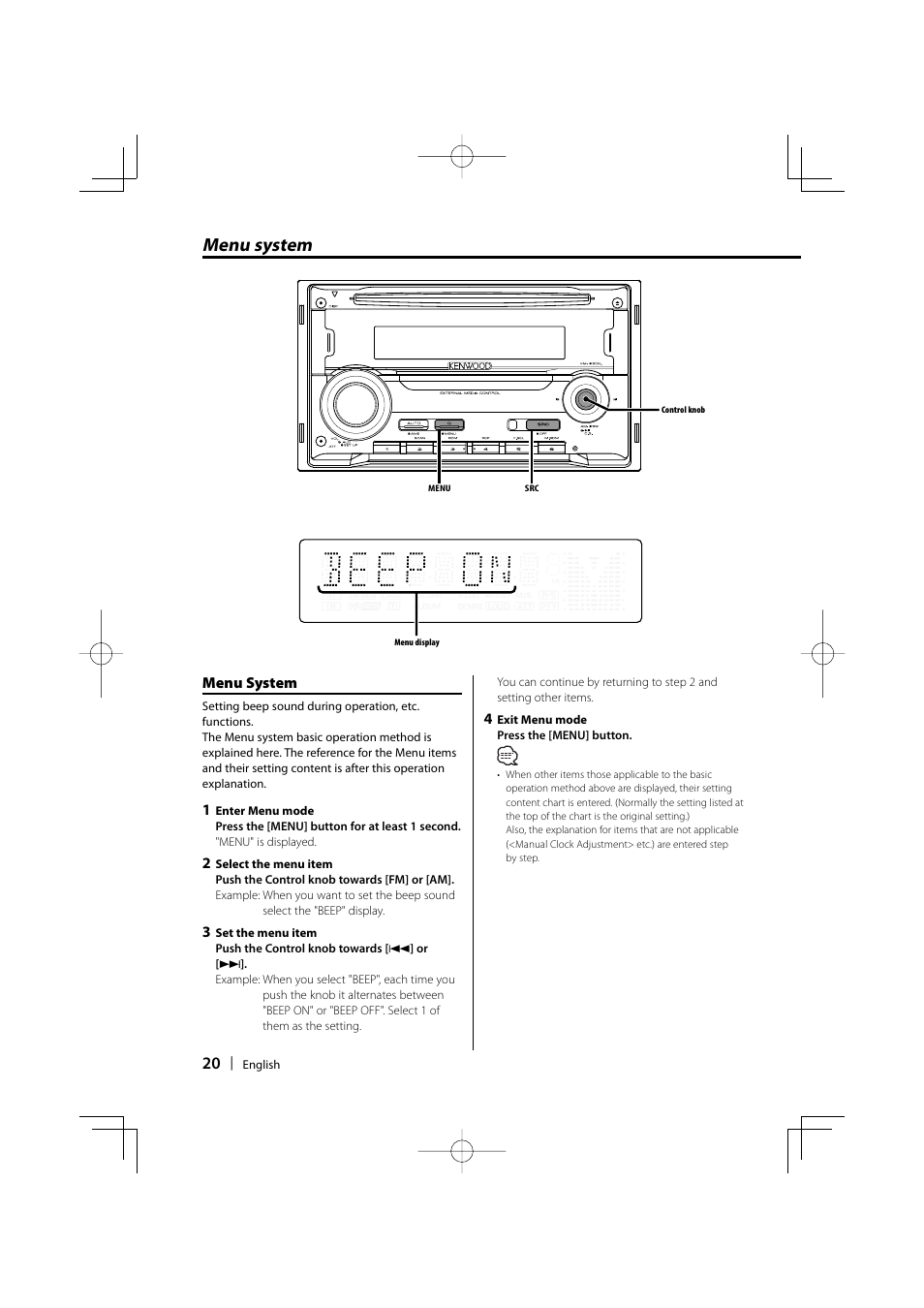 Menu system | Kenwood DPX301 User Manual | Page 20 / 36