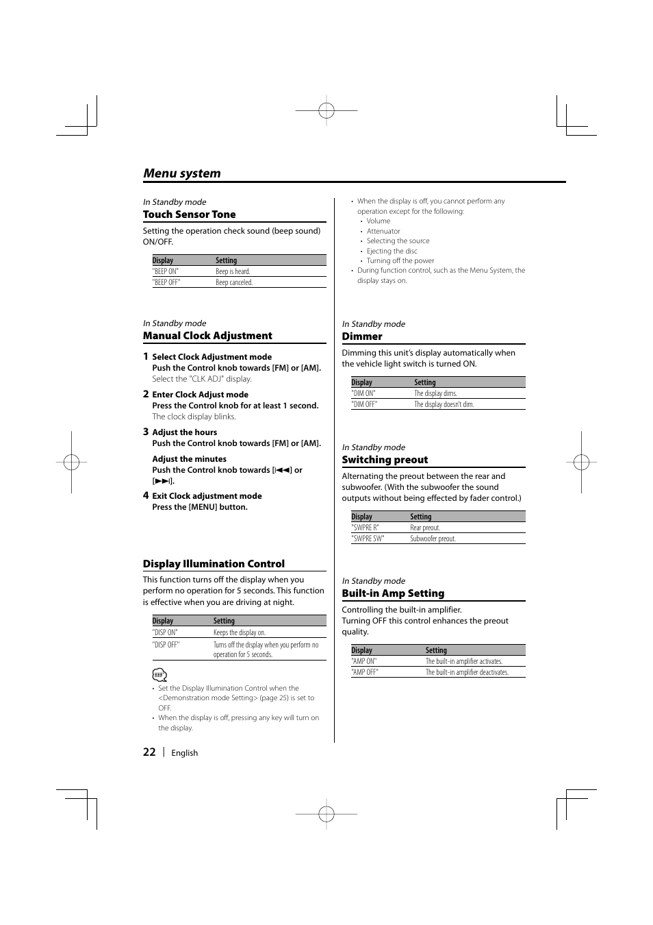 Menu system | Kenwood DPX301 User Manual | Page 22 / 36