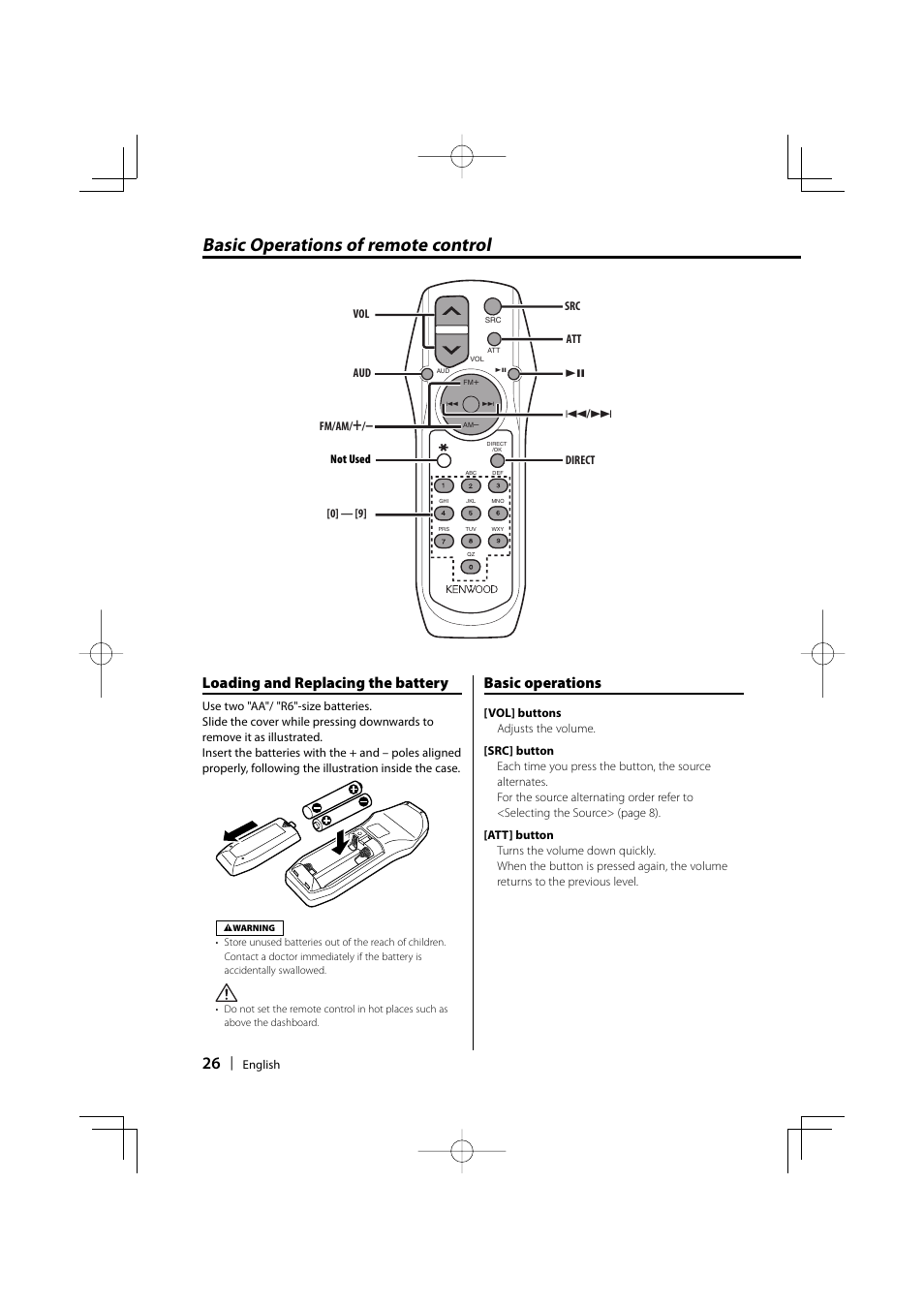 Basic operations of remote control, Loading and replacing the battery, Basic operations | Kenwood DPX301 User Manual | Page 26 / 36