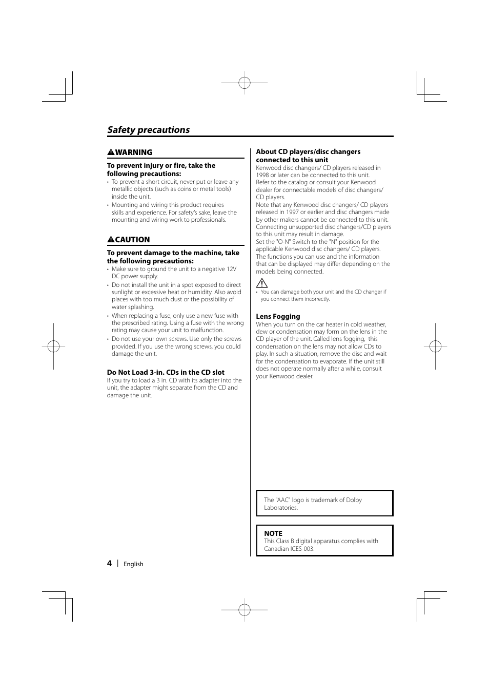 Safety precautions | Kenwood DPX301 User Manual | Page 4 / 36