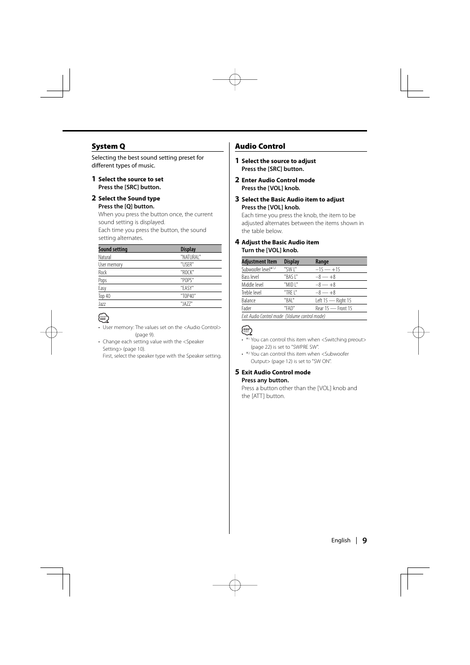 System q, Audio control 1 | Kenwood DPX301 User Manual | Page 9 / 36