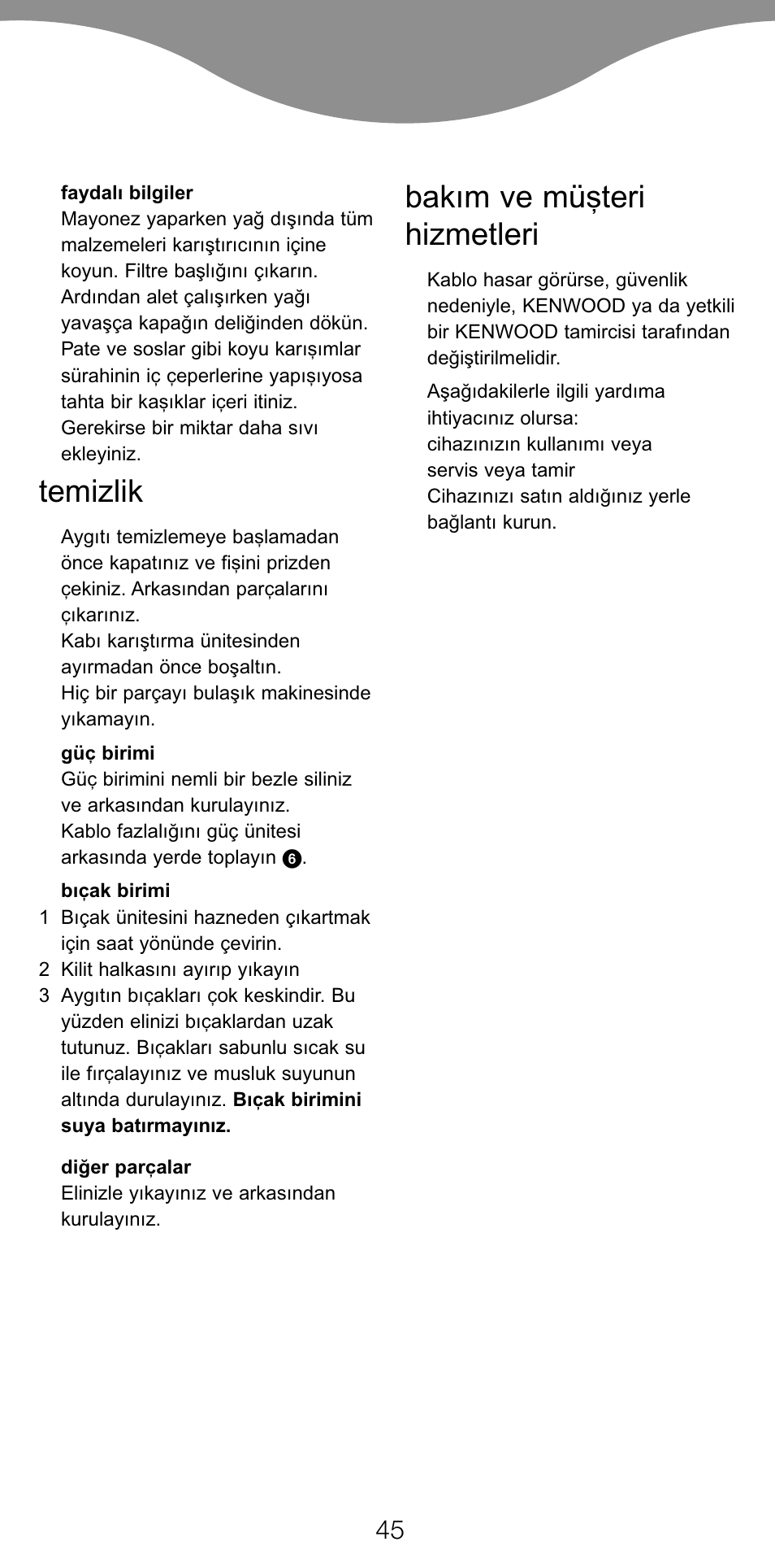 Temizlik, Bakım ve mü…teri hizmetleri | Kenwood BL650 User Manual | Page 45 / 67